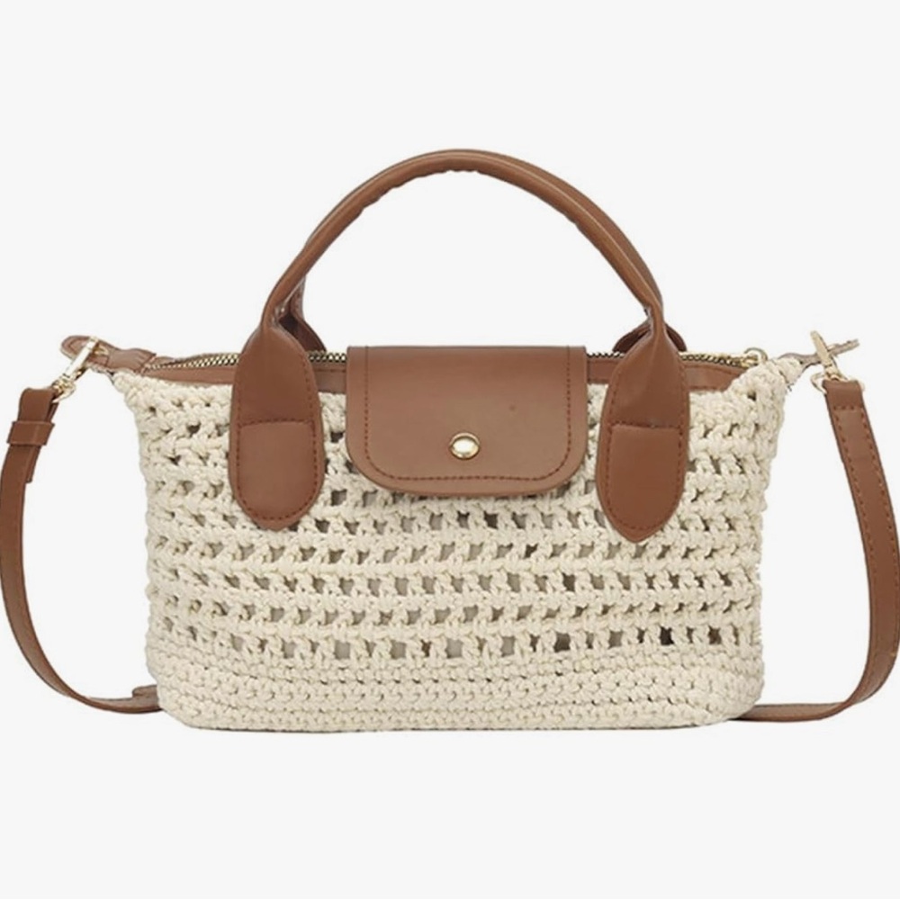 Woven Straw Shoulder Bag with Brown Faux-Leather Trim
